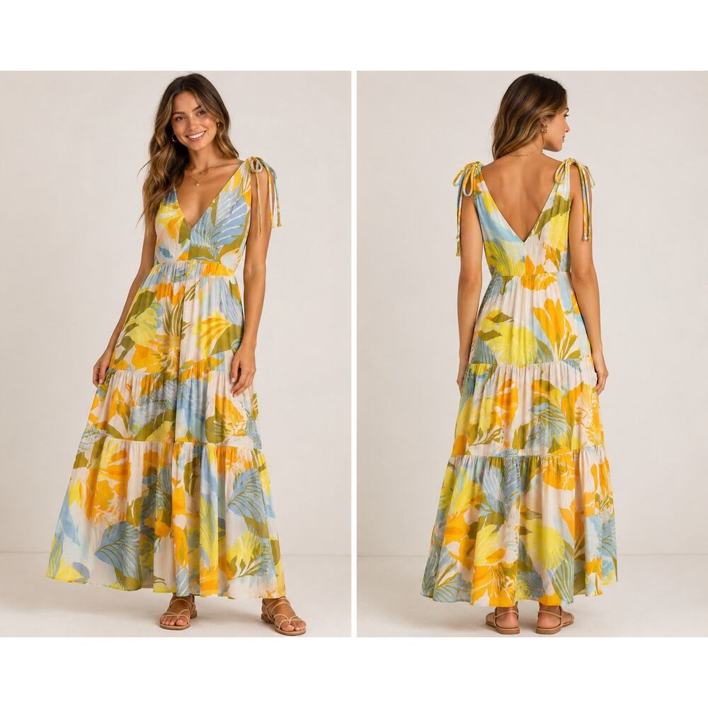 1.STATE Tropical Floral Maxi Dress Women Small Flowy Wedding Cruise Resort Boho
